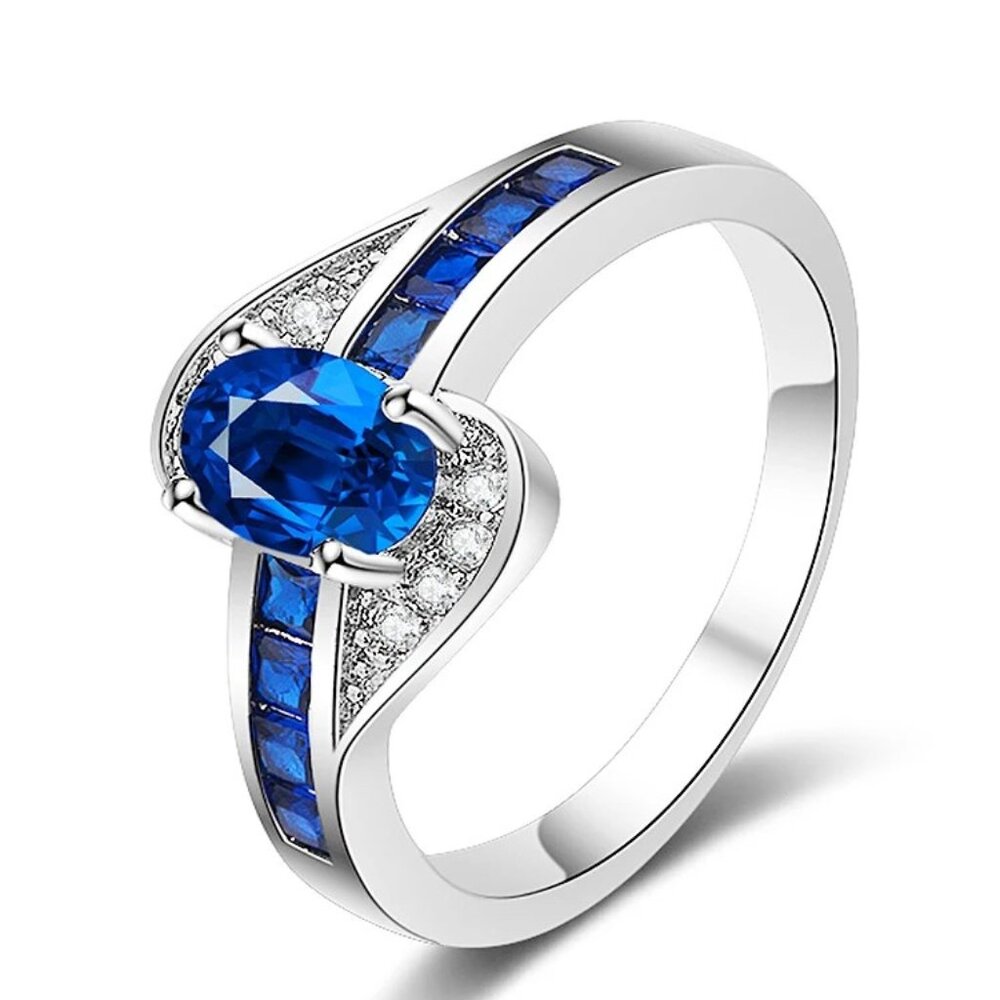Ladies Blue Sapphires & White Oval Cut Bridal Ring .925 Solid Sterling Silver